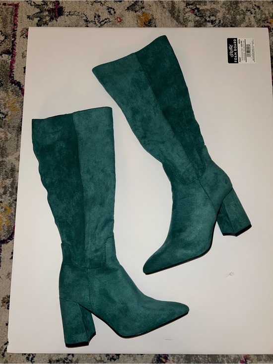 no beand Shoes - Women's Teal Suede Mid-Calf Block Heel Boots